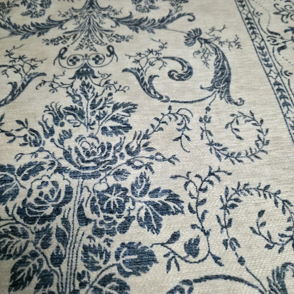 Laura Ashley Aure Blue Beige Floral Border Area Rug Machine Washable 44x25